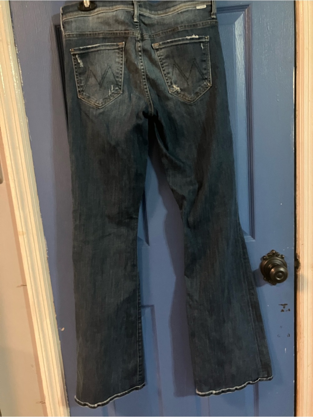 MOTHER Dark Blue Distressed Flare Jeans - Picture 3 of 8
